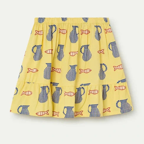 gele rok voor kinderen met print van vazen en vissen van compania fantastica