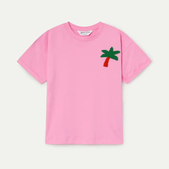 roze tshirt voor kinderen met palmboom patch