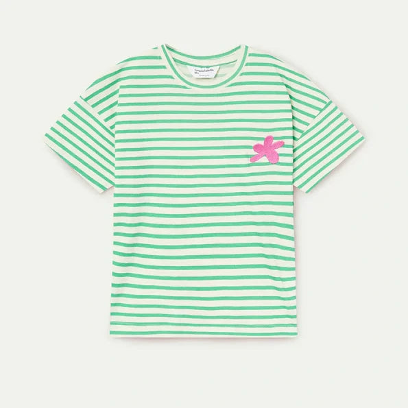 groen gestreepte kindertshirt met geborduurde bloem