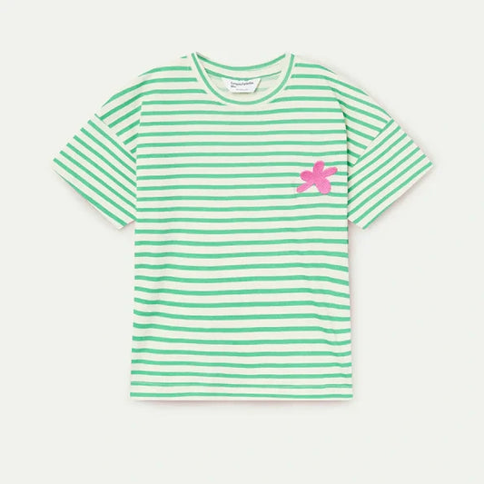 groen gestreepte kindertshirt met geborduurde bloem