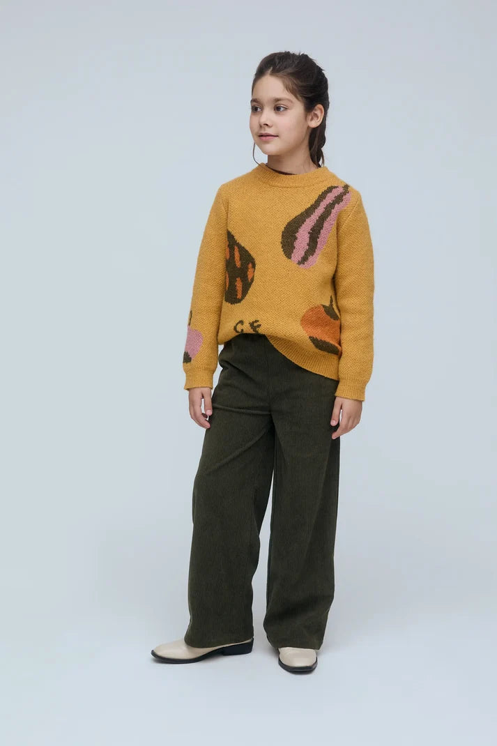 Ribfluwelen kinderbroek in groene kleur.