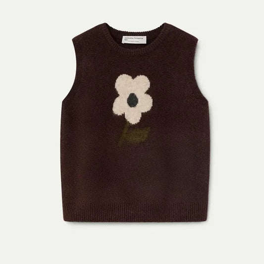 Donkerbruin gebreid vest zonder mouwen voor kinderen met ecru bloem van compania Fantastica