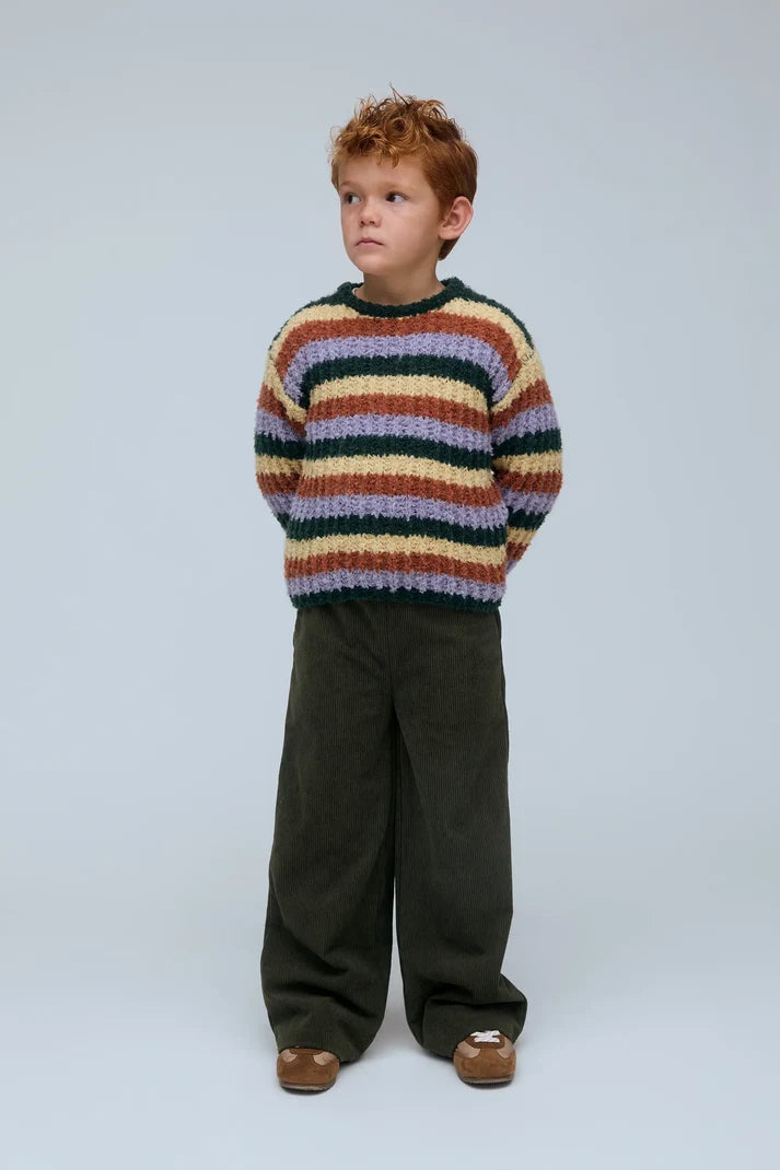 Groene corduroy broek voor kinderen, Multicolor knit sweater voor kinderen met kleurrijk streeppatroon.