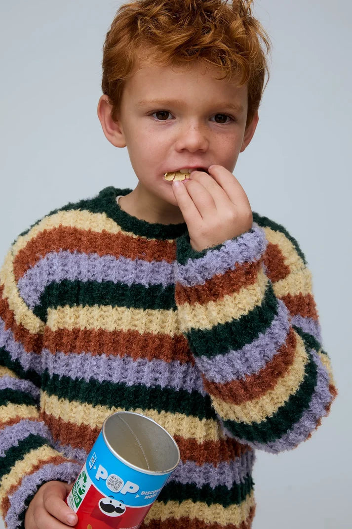 Gebreide meisjes- en jongenssweater met groen, lila, roest en beige.
