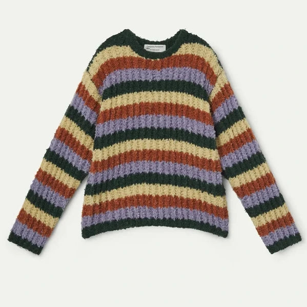 Gebreide sweater voor kinderen met diagonale strepen in groen, lila, roest en beige van compania fantastica
