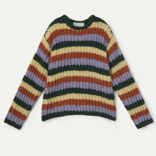 Gebreide sweater voor kinderen met diagonale strepen in groen, lila, roest en beige van compania fantastica