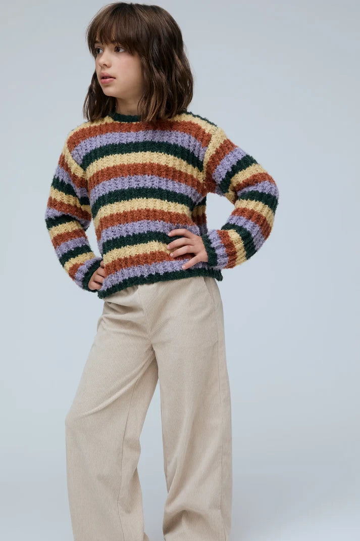 Tijdloze ribbroek voor jongens en meisjes, Kleurrijke knit trui voor kinderen met retro uitstraling.