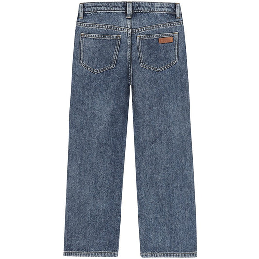 Blauwe meisjesjeans met wijde pijpen en comfortabele pasvorm achterzijde