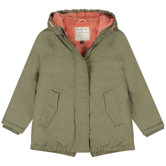 Groene technische winterjas voor meisjes met koraalkleurige teddyvoering van tumble'n dry
