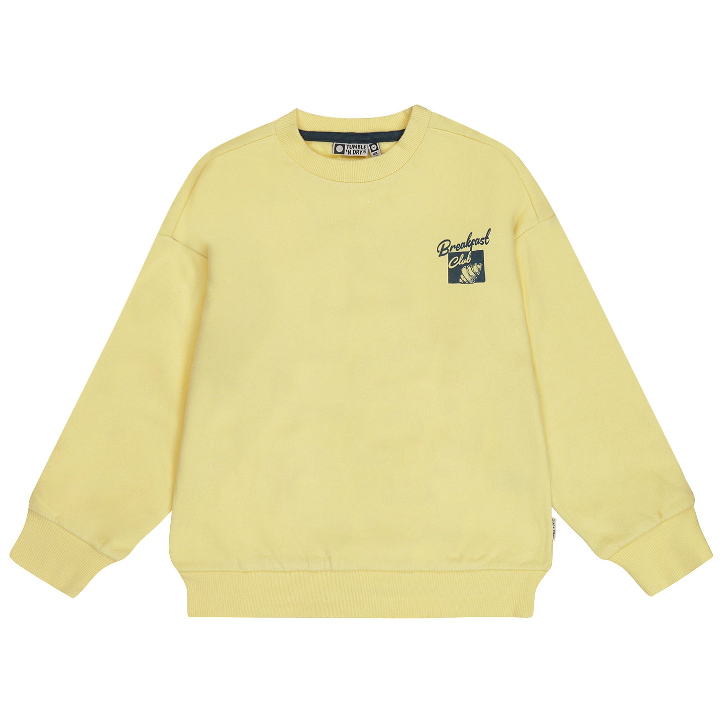 Gele kindersweater met grote Breakfast Club-print op de rug van tumble'n dry