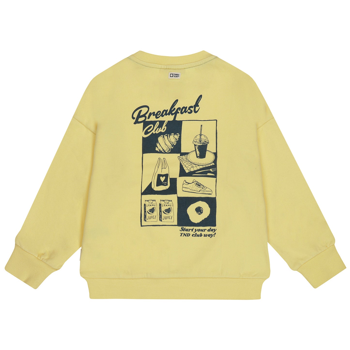 Gele sweater voor kinderen met opvallende rugprint.