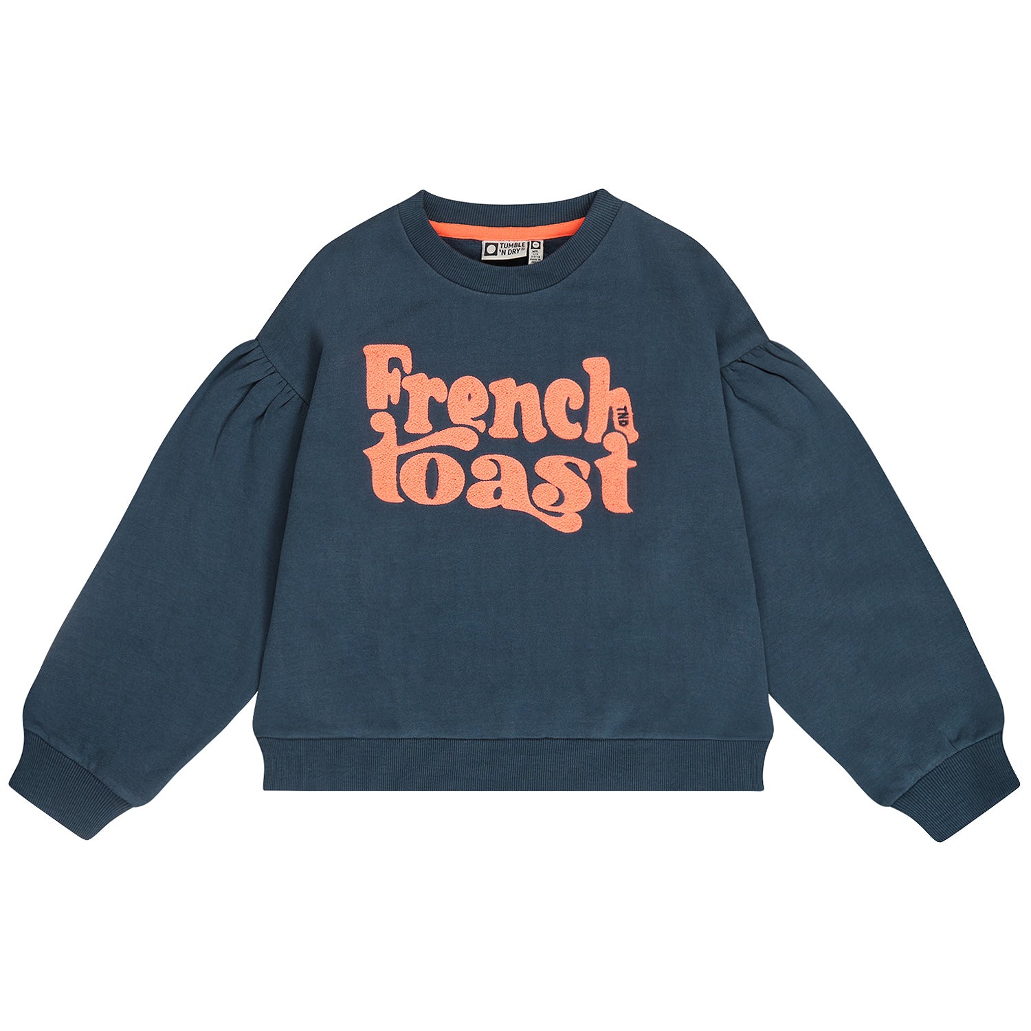 Donkerblauwe meisjessweater met pofmouwen en French Toast-opdruk van tumble'n dry