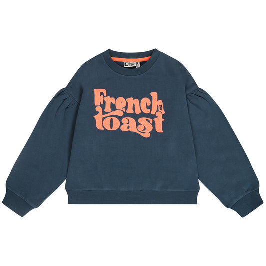 Donkerblauwe meisjessweater met pofmouwen en French Toast-opdruk van tumble'n dry