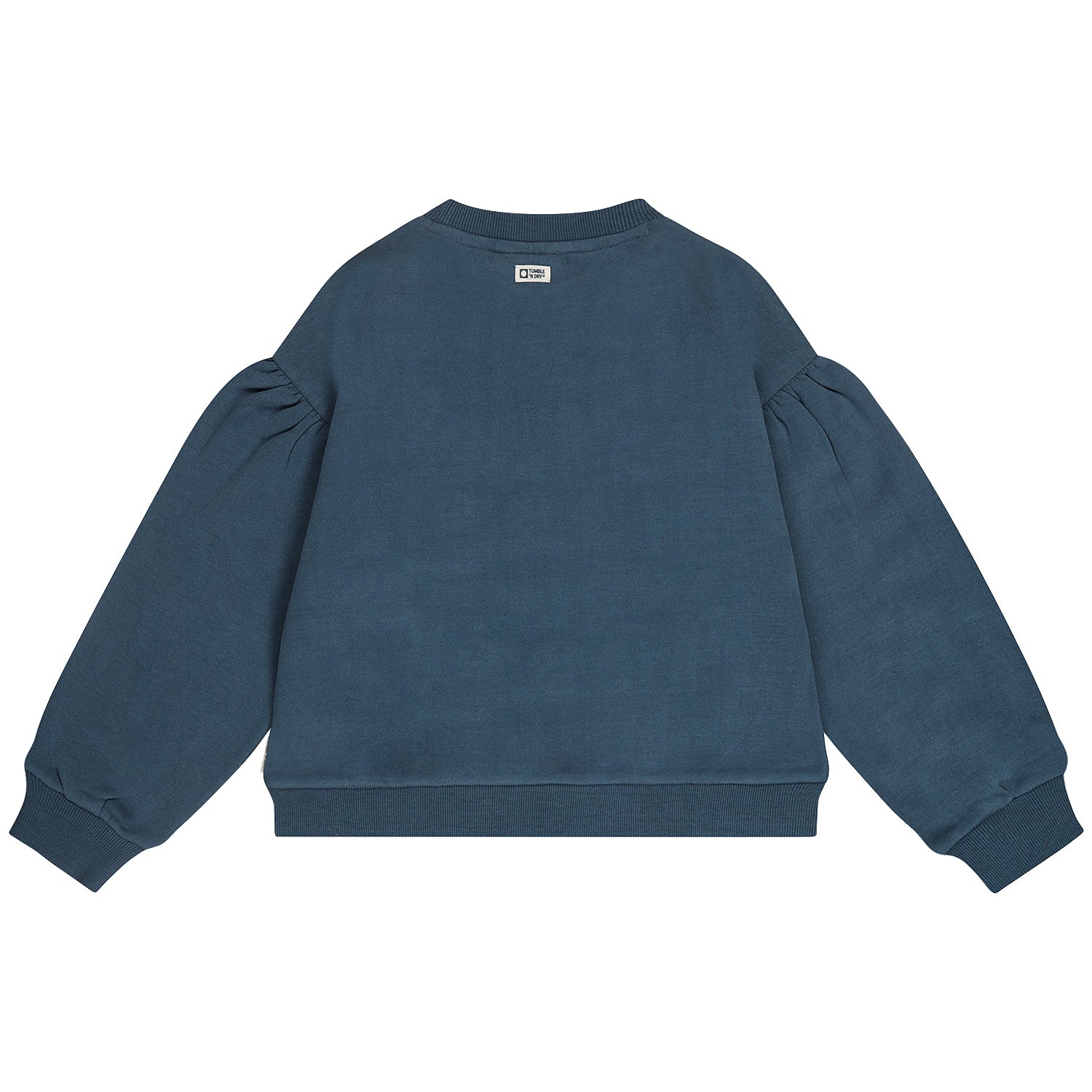 Achterzijde van de donkerblauwe meisjessweater met pofmouwen.
