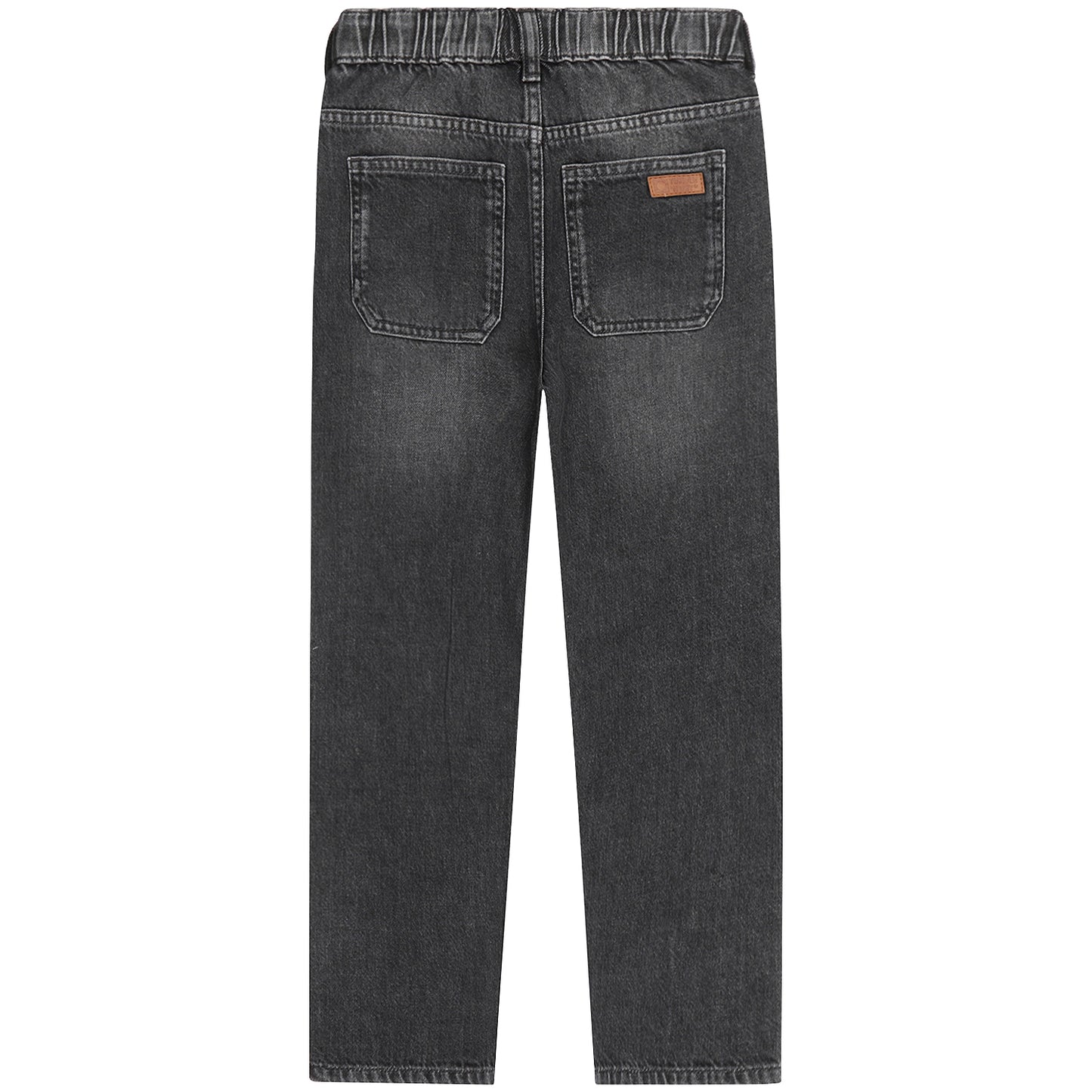 Achterzijde van de grijze barrel jeans voor jongens met klassieke achterzakken.