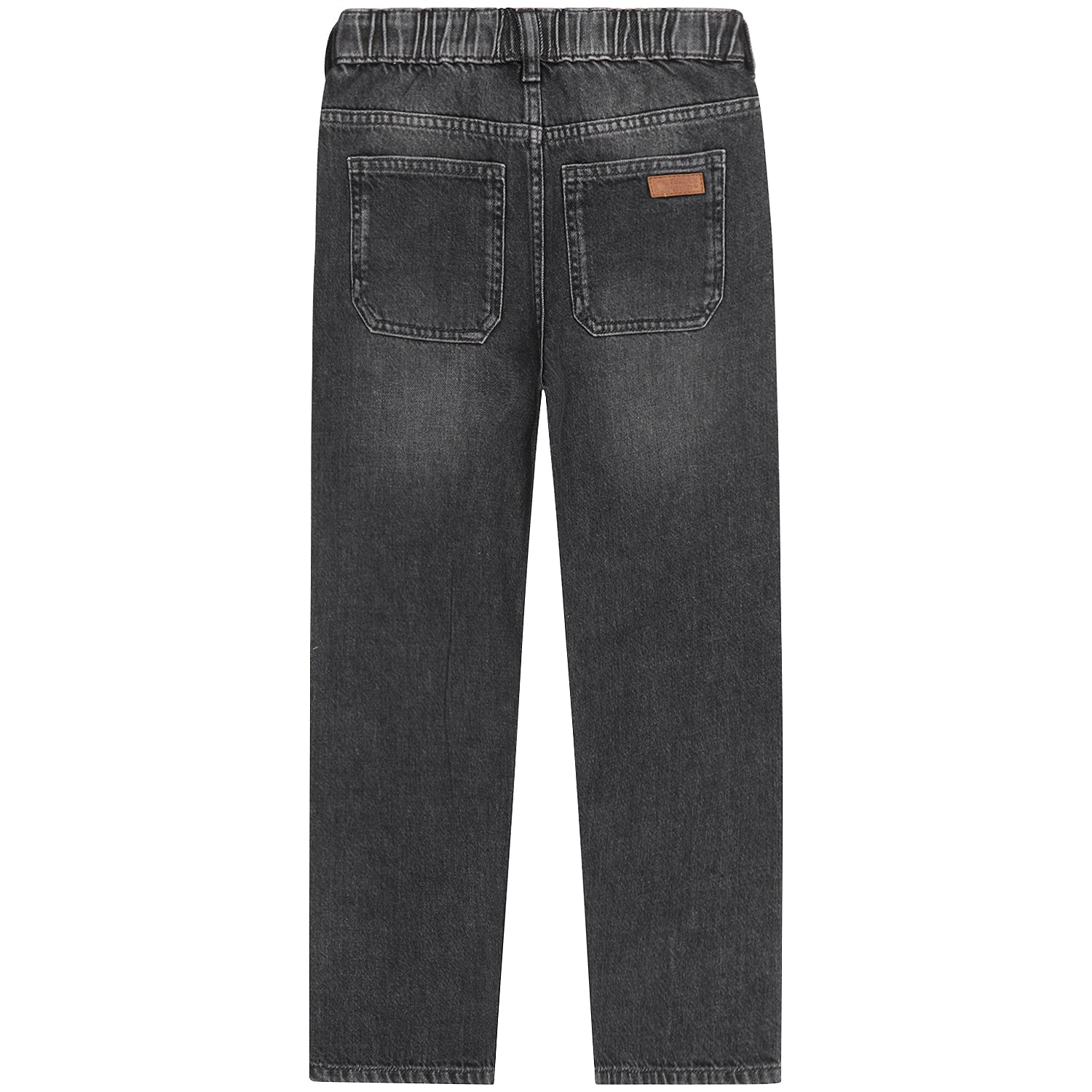 Achterzijde van de grijze barrel jeans voor jongens met klassieke achterzakken.