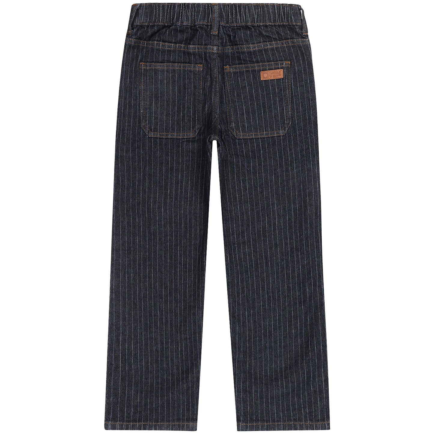 Achterzijde van de donkerblauwe jongensjeans met gestreept denim en achterzakken.