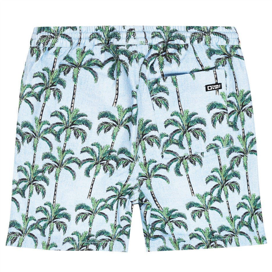 Achterkant blauwe short met palmbomen
