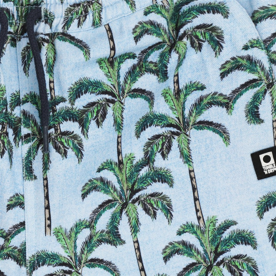 Detail all-over palmboom print op denim stof
