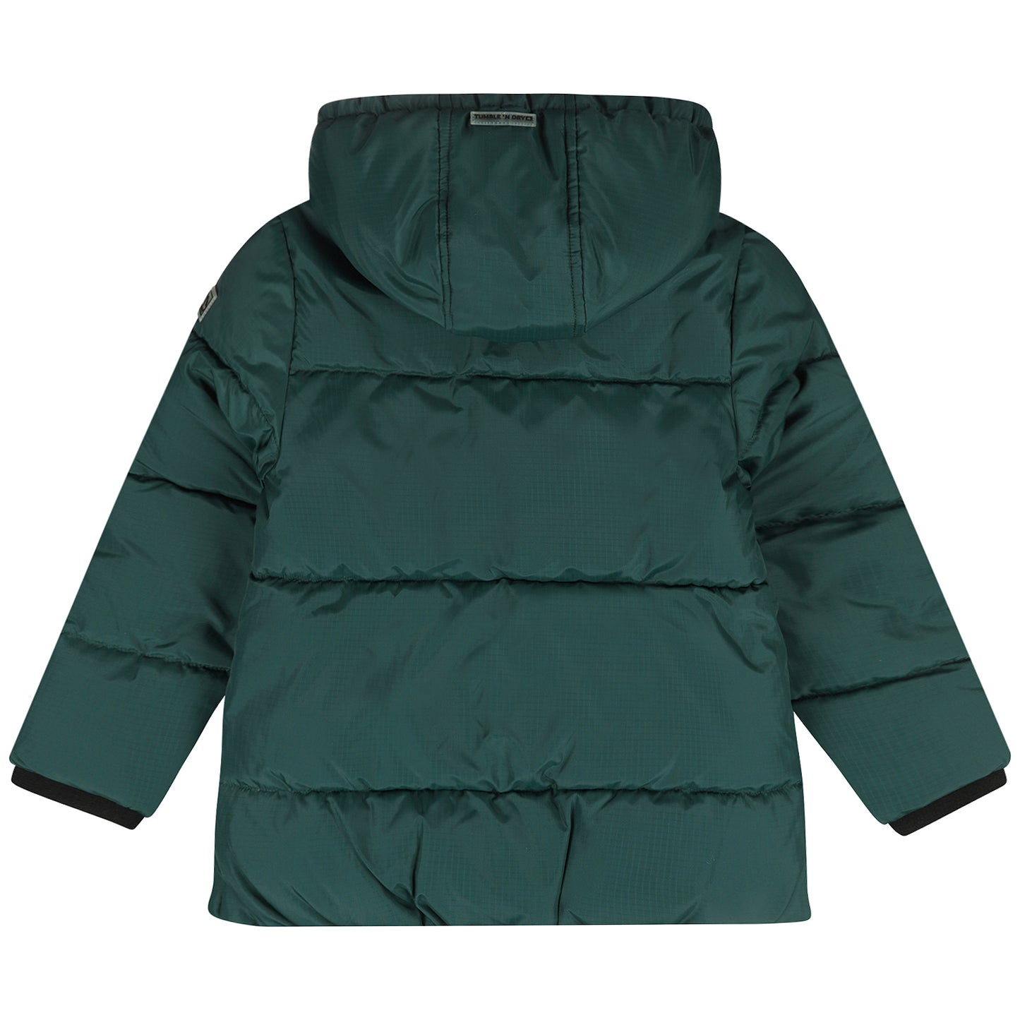 Achterzijde van de groene water- en winddichte winterjas voor jongens met teddyvoering.