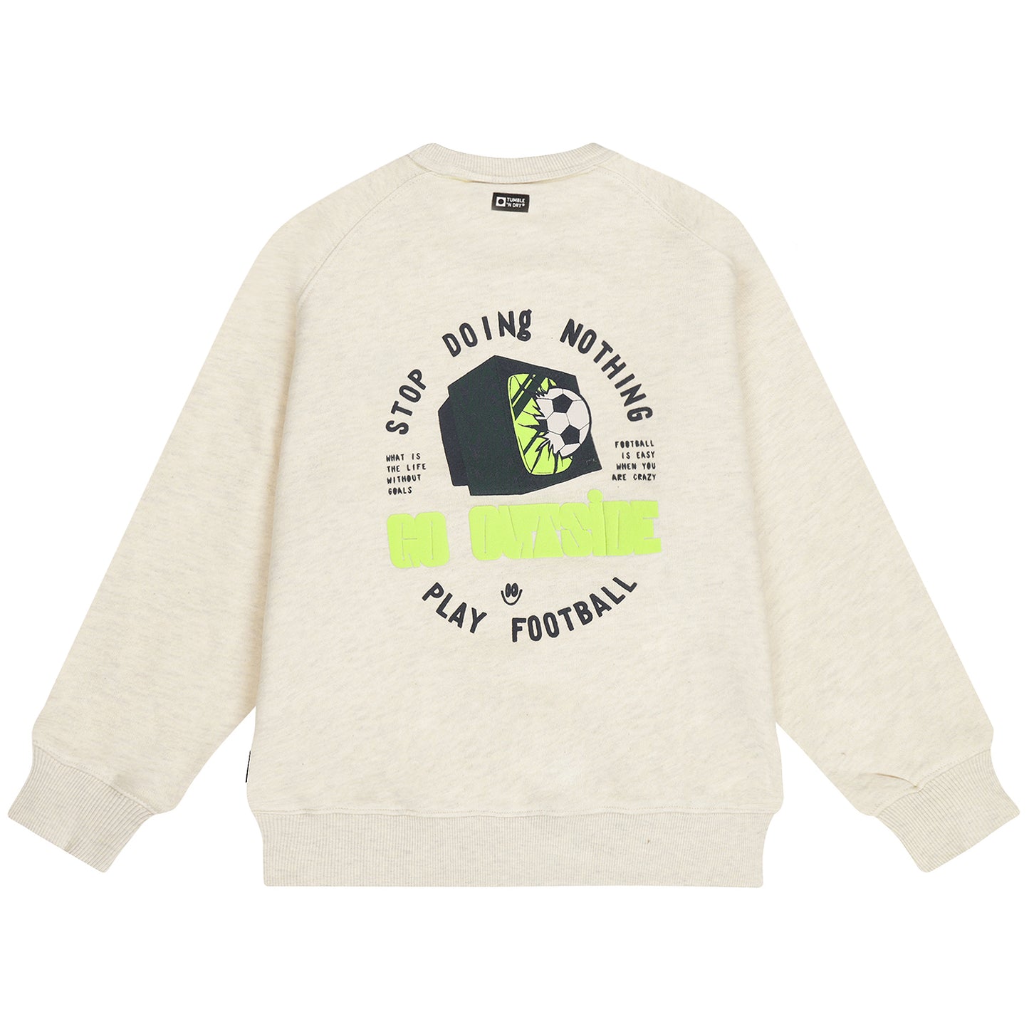 Achterzijde van de off white melange jongenssweater met grote voetbalprint.