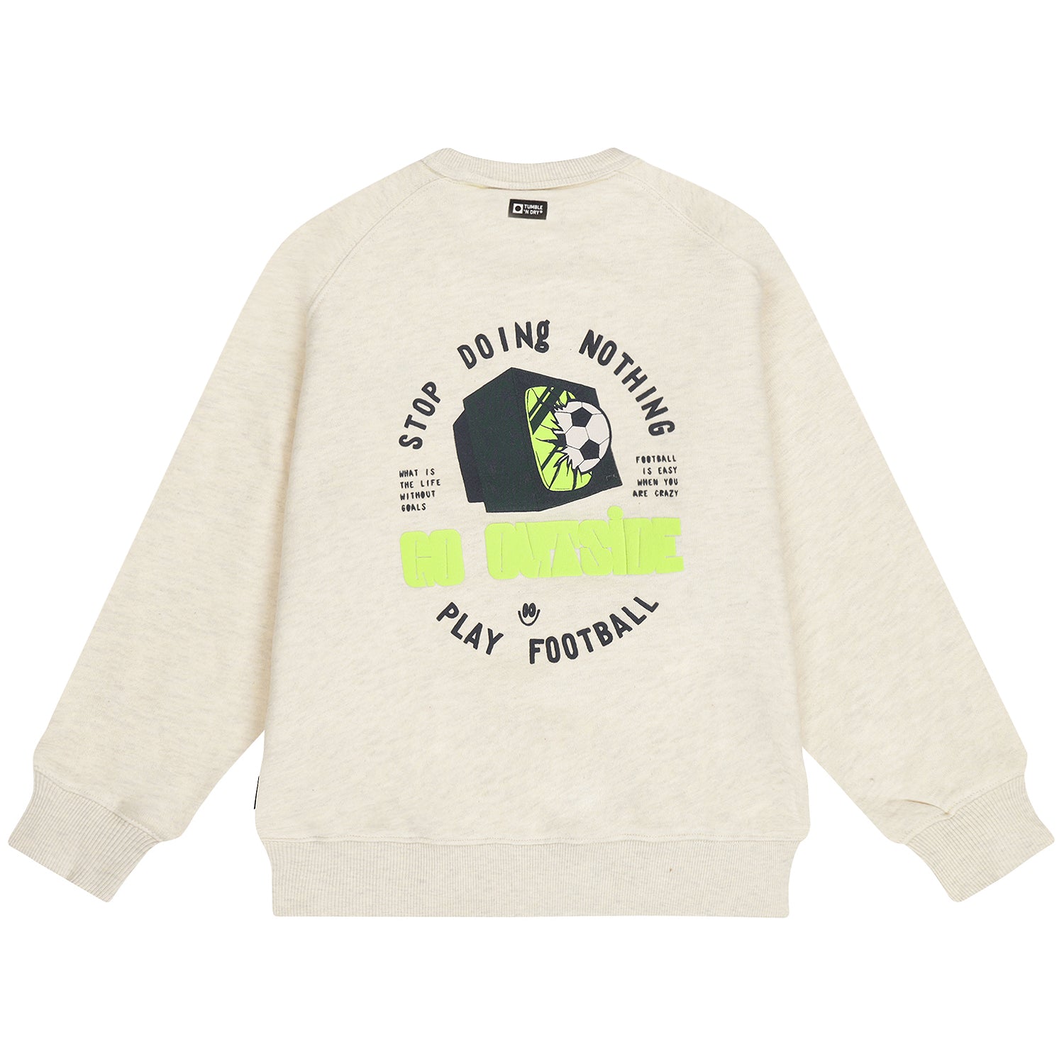 Achterzijde van de off white melange jongenssweater met grote voetbalprint.