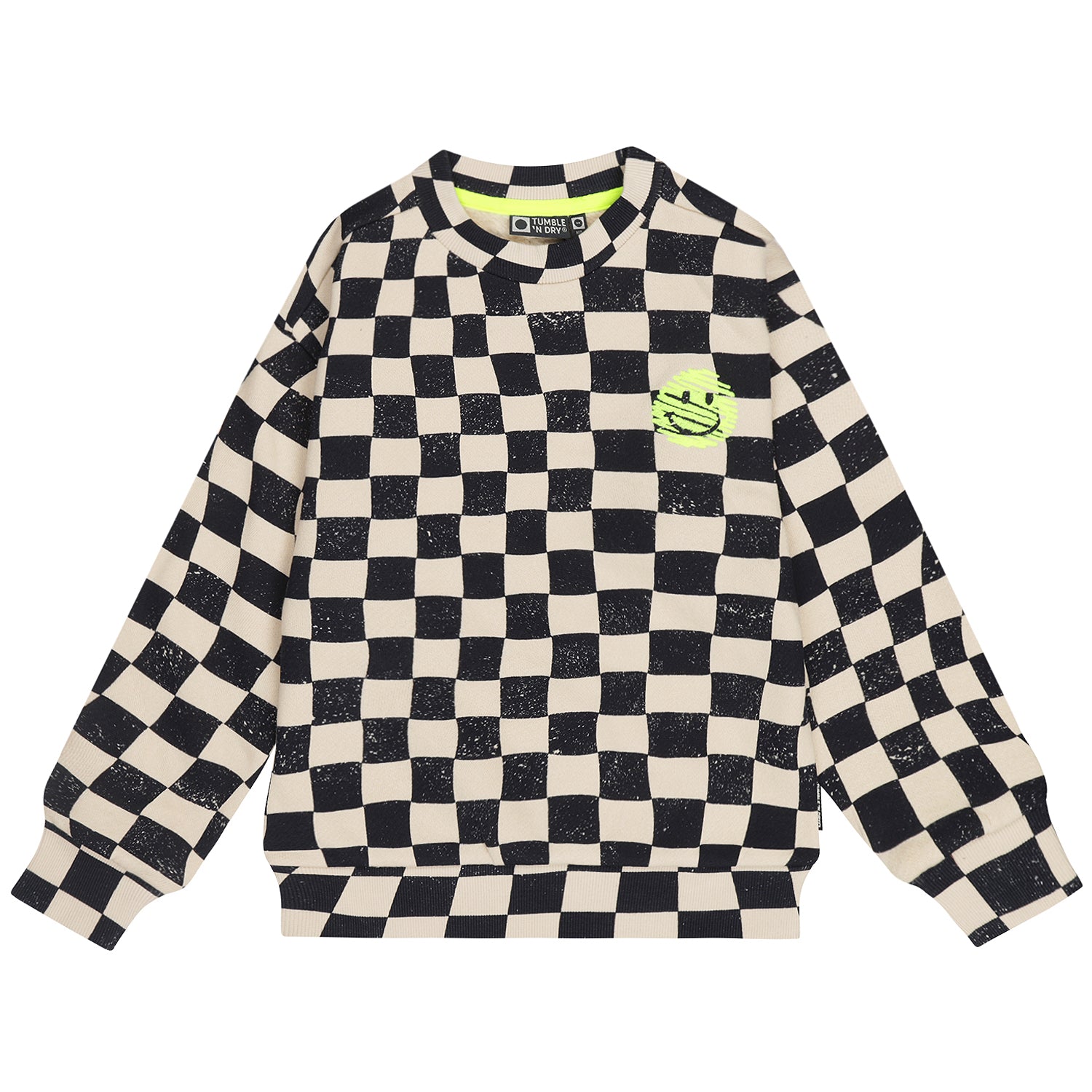 Jongenssweater met zwart wit dambordpatroon en gele smiley van tumble'n dry