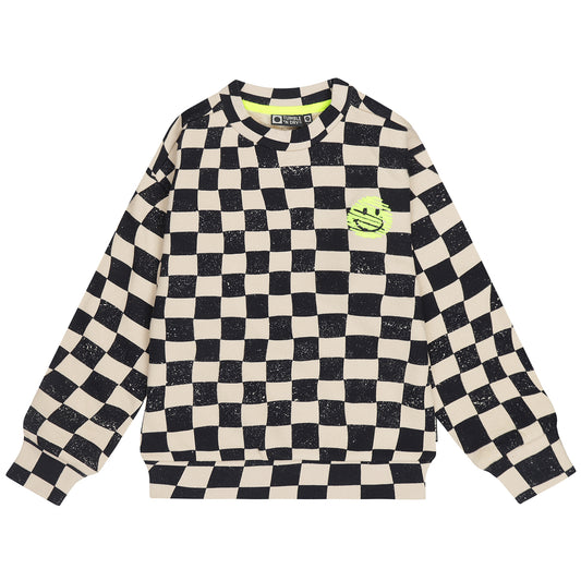 Jongenssweater met zwart wit dambordpatroon en gele smiley van tumble'n dry