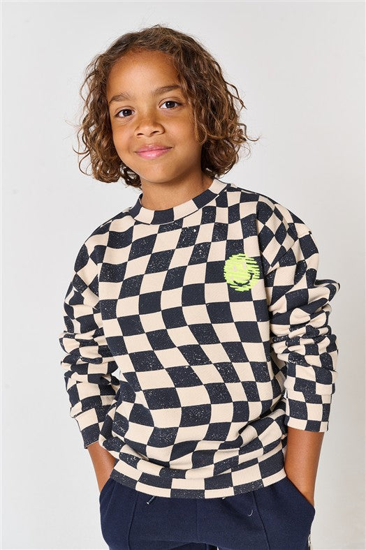 Stoere jongenssweater met grafisch patroon en speelse print.