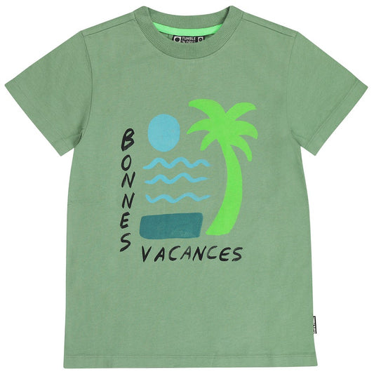 Donkergroen kinder t-shirt met palmboom en Bonnes Vacances van Tumble n Dry