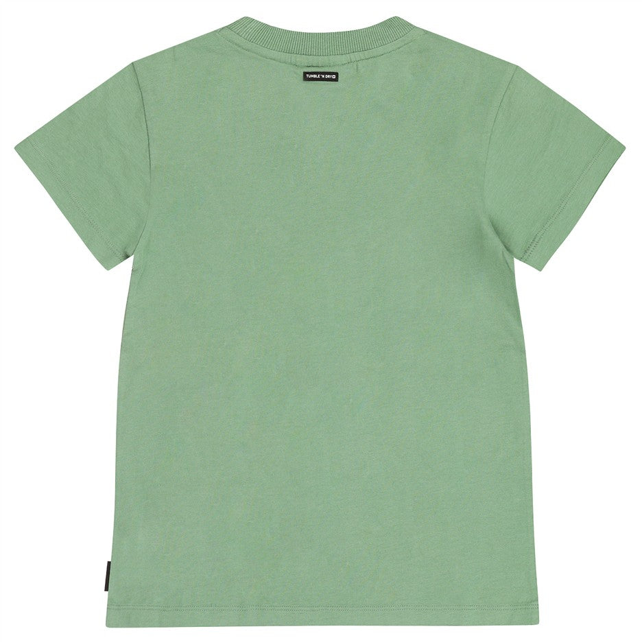Achterkant donkergroen kinder t-shirt met palmboom en Bonnes Vacances van Tumble n Dry
