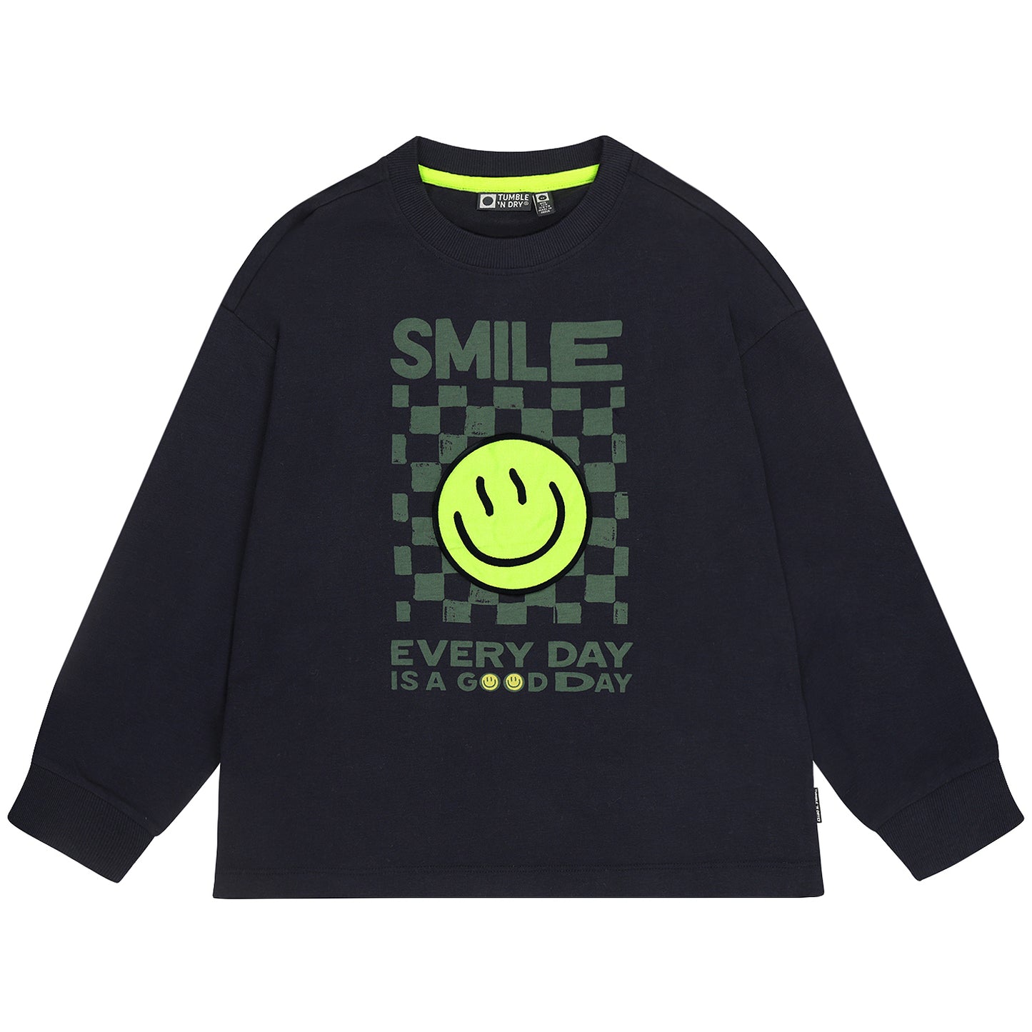 Donkerblauw longsleeve shirt voor jongens met felle smiley print van tumble'n dry