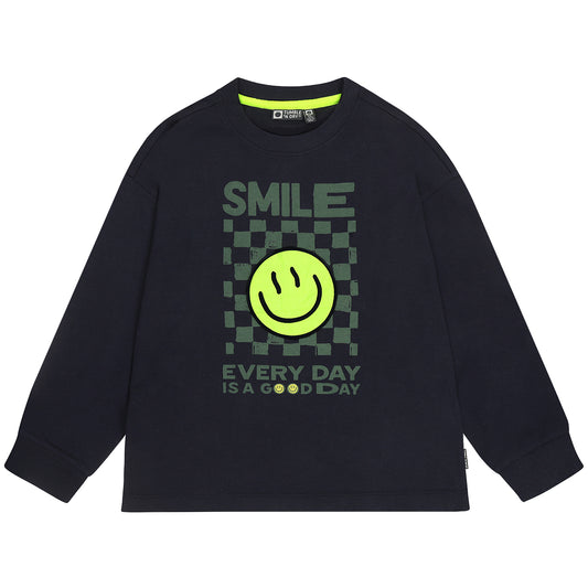 Donkerblauw longsleeve shirt voor jongens met felle smiley print van tumble'n dry
