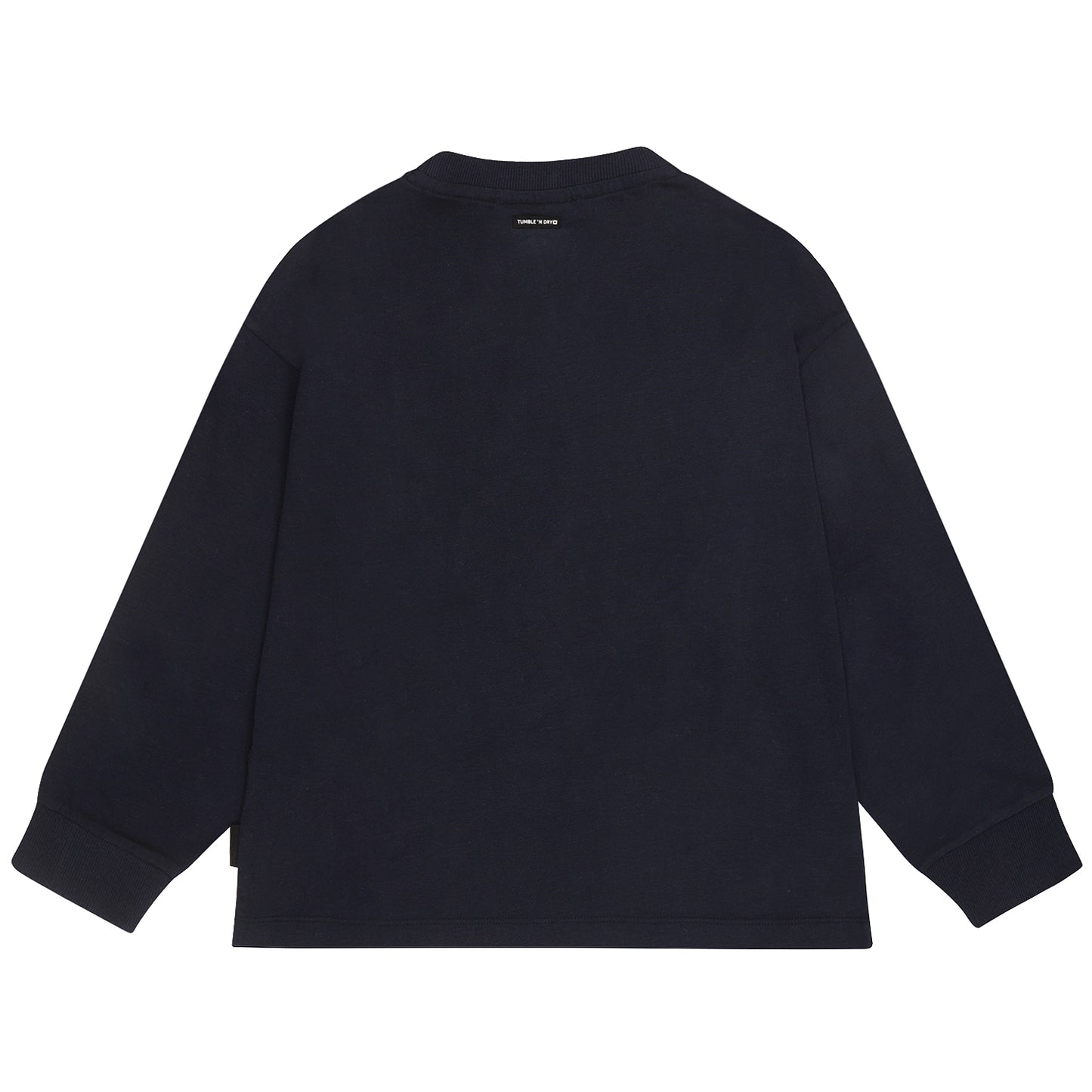 Achterzijde van het donkerblauwe longsleeve jongensshirt zonder print.