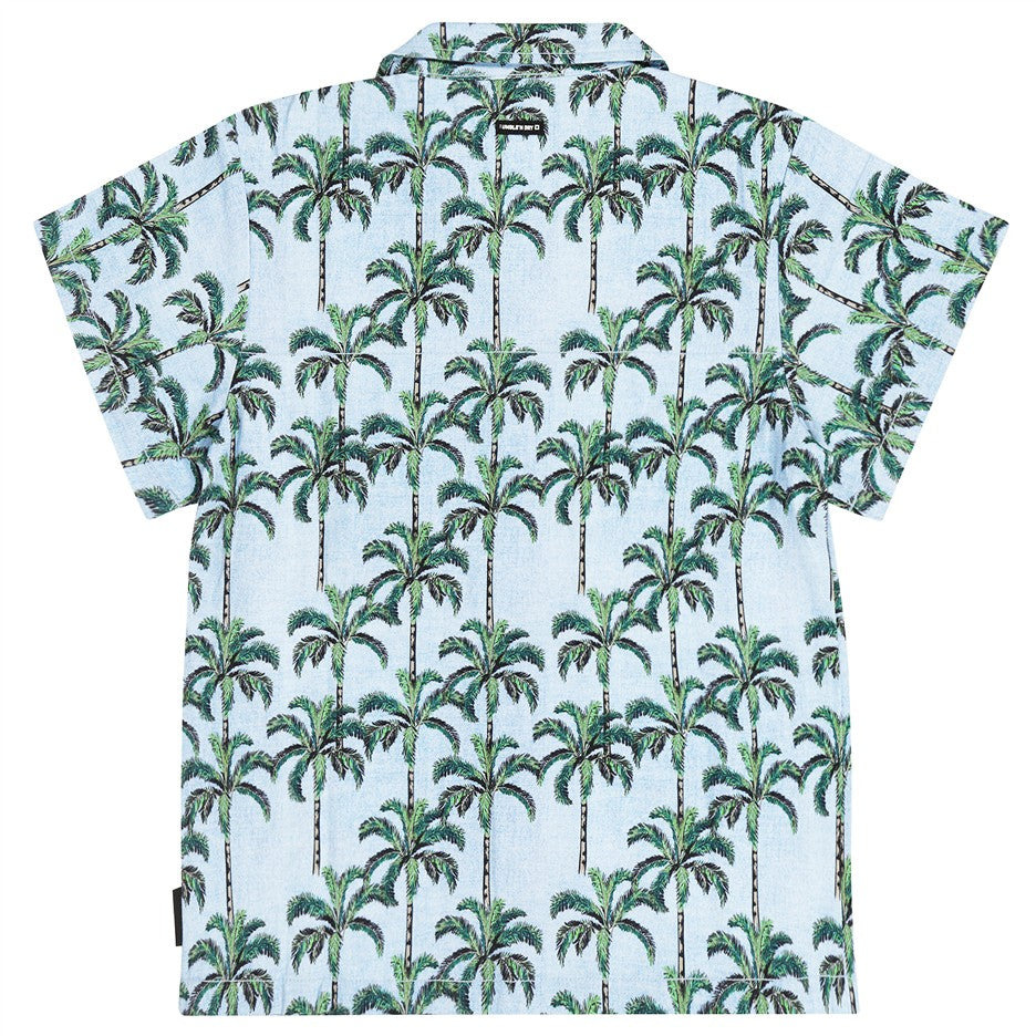 Achterkant blauw hemd met palmbomen