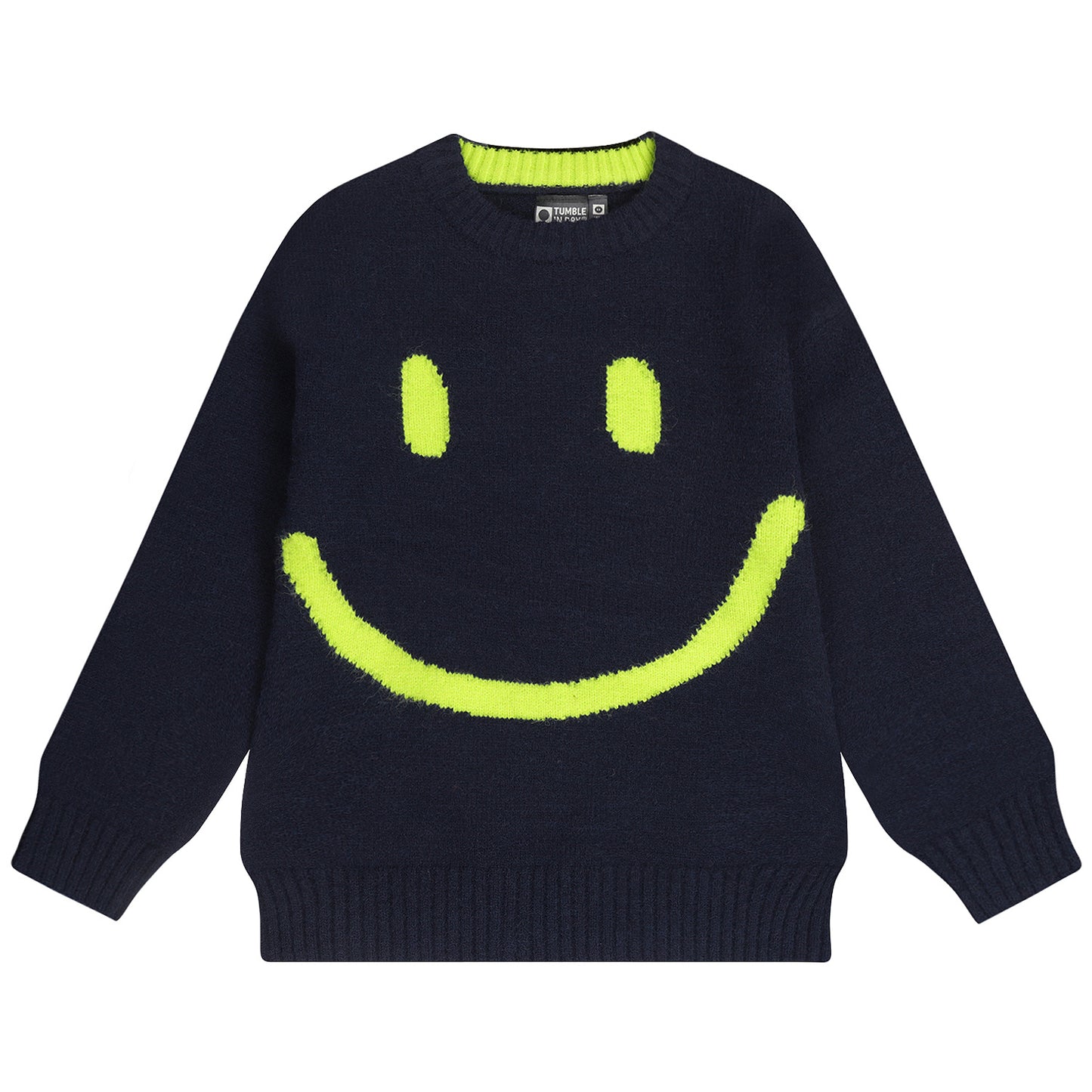 Donkerblauwe knit pullover voor jongens met felgele smiley van tumble'n dry