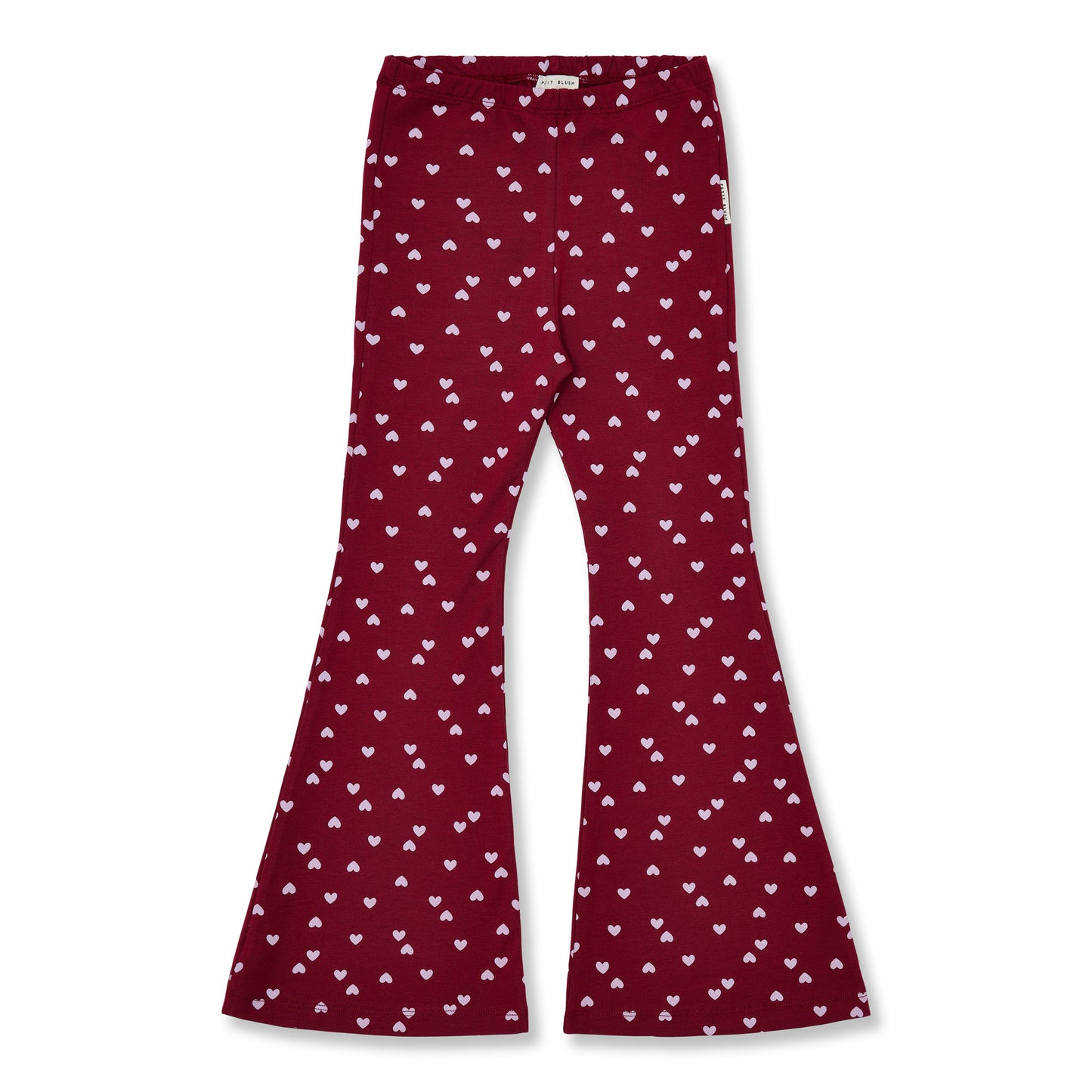 Bordeauxrode flared kinderbroek met lila hartjesprint en uitlopende pijpen.