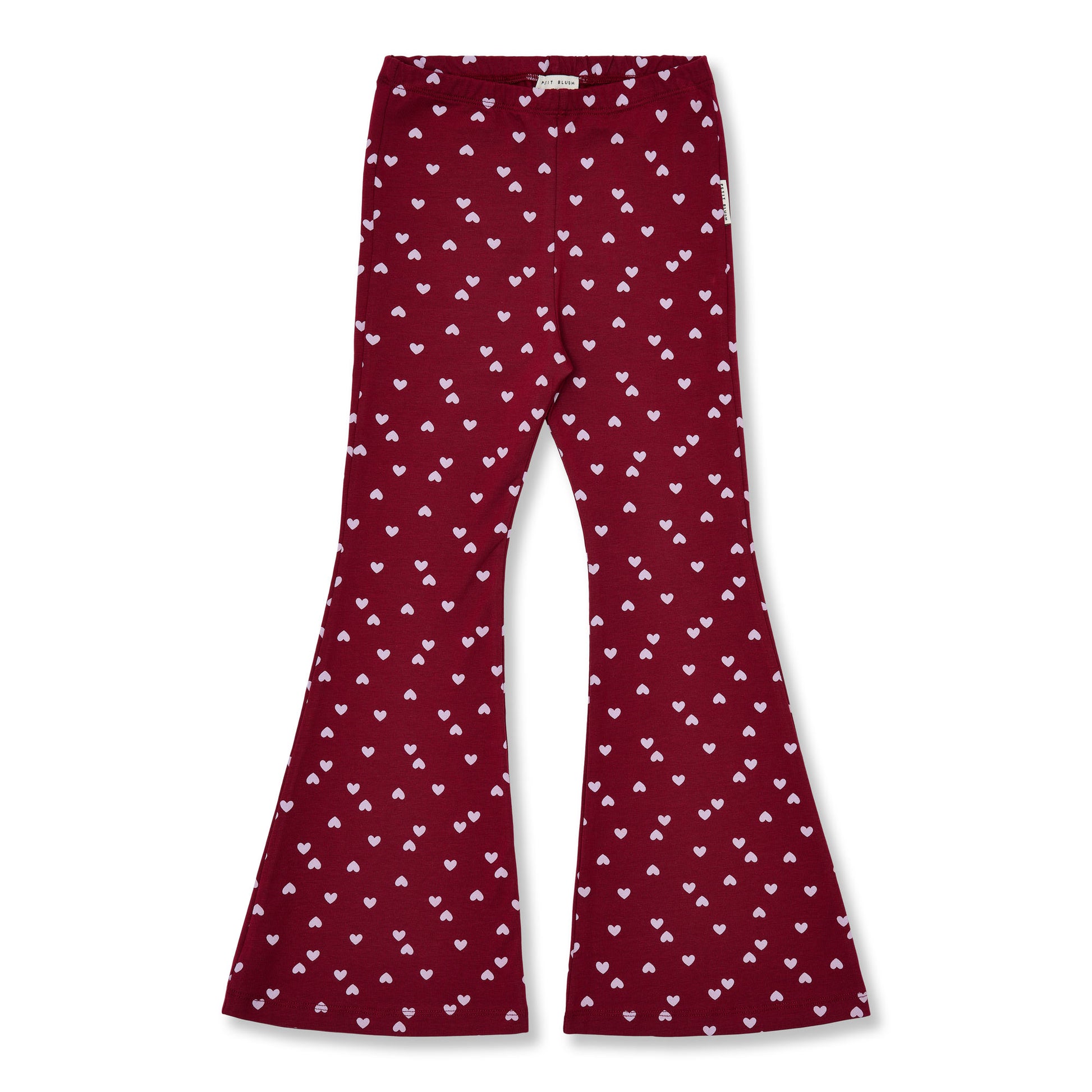 Bordeauxrode flared kinderbroek met lila hartjesprint en uitlopende pijpen.