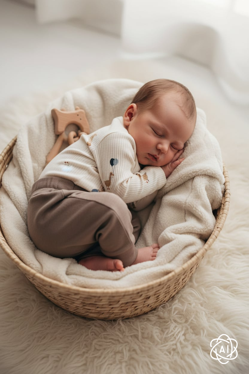 Baby jongen draagt Vito romper met ganzen print met taupe broekje van the New