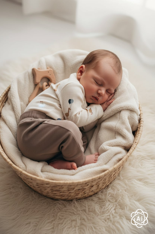 Baby jongen draagt Vito romper met ganzen print met taupe broekje van the New
