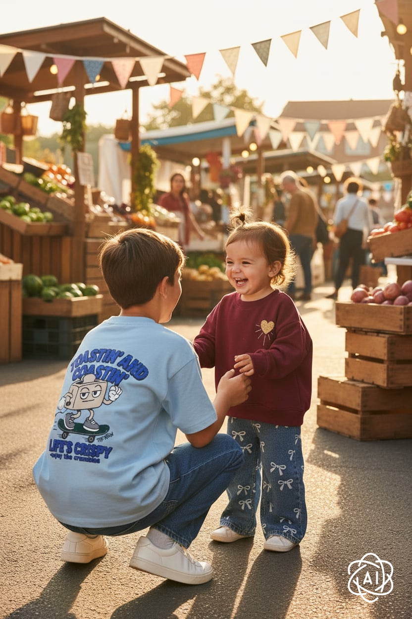 Jongen draagt lichtblauwe Tshirt Vilmar met hippe print op de rugzijde. Peuter meisje draagt Verona sweatshirt burgundy met vinaya regular fit jeans met strikjesprint van the new