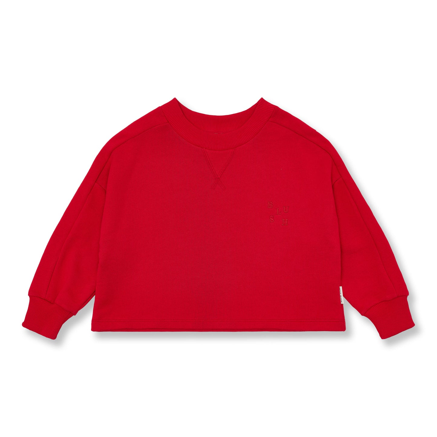 Rode korte kindersweater met wijd model in salsa kleur van petit blush