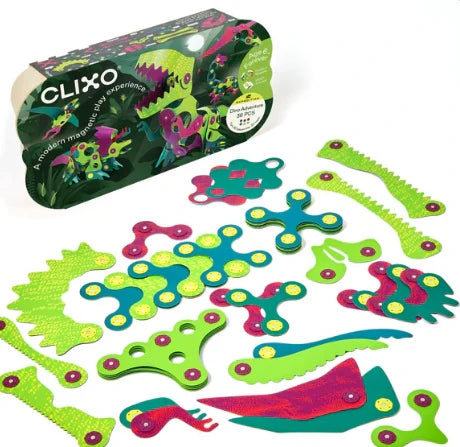 Clixo Dino Adventure magnetische bouwset met 36 flexibele onderdelen voor het bouwen van dinosaurussen en prehistorische figuren.