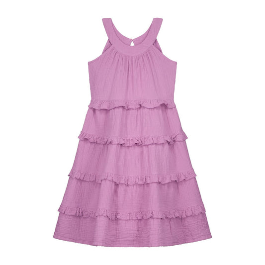 Lila lange kinderjurk met ruffles van Daily Brat
