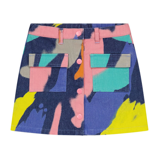 Denim kinderrokje met kleurblokken en knopen van Daily Brat