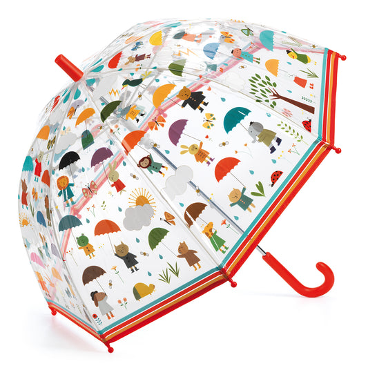 doorzichtige kinderparaplu met vrolijke print van dieren in de regen van djeco