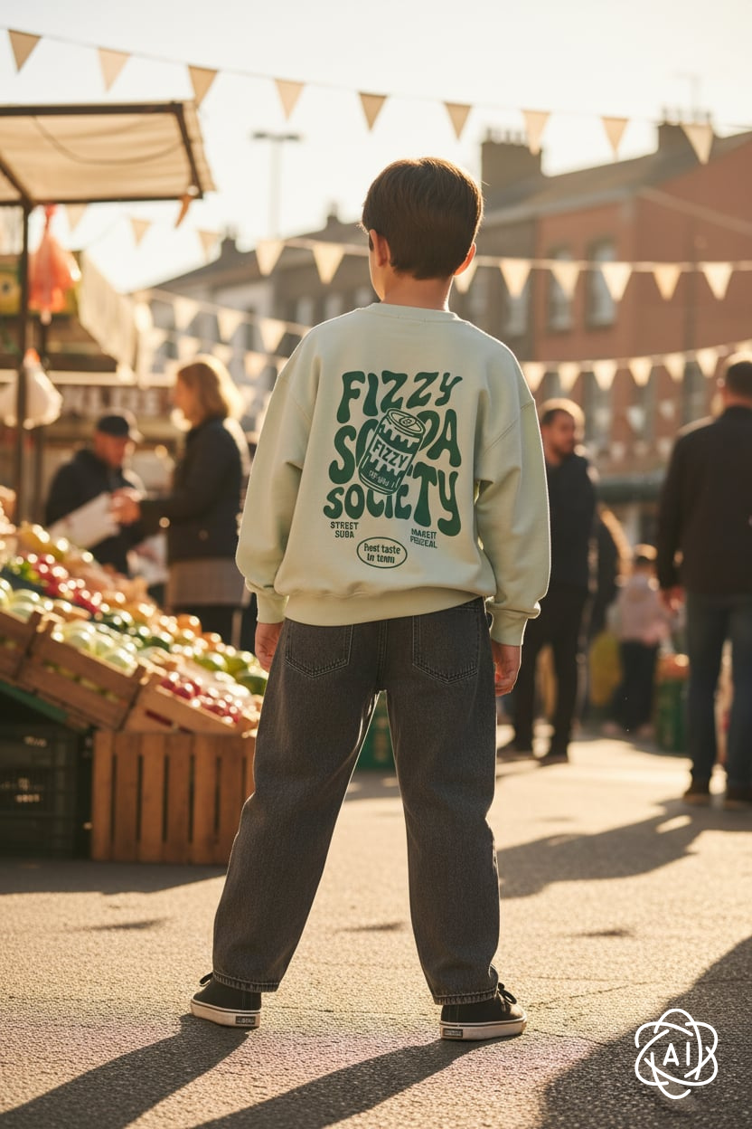 Jongen draagt sweatshirt Valentino van the New met print op de rugzijde