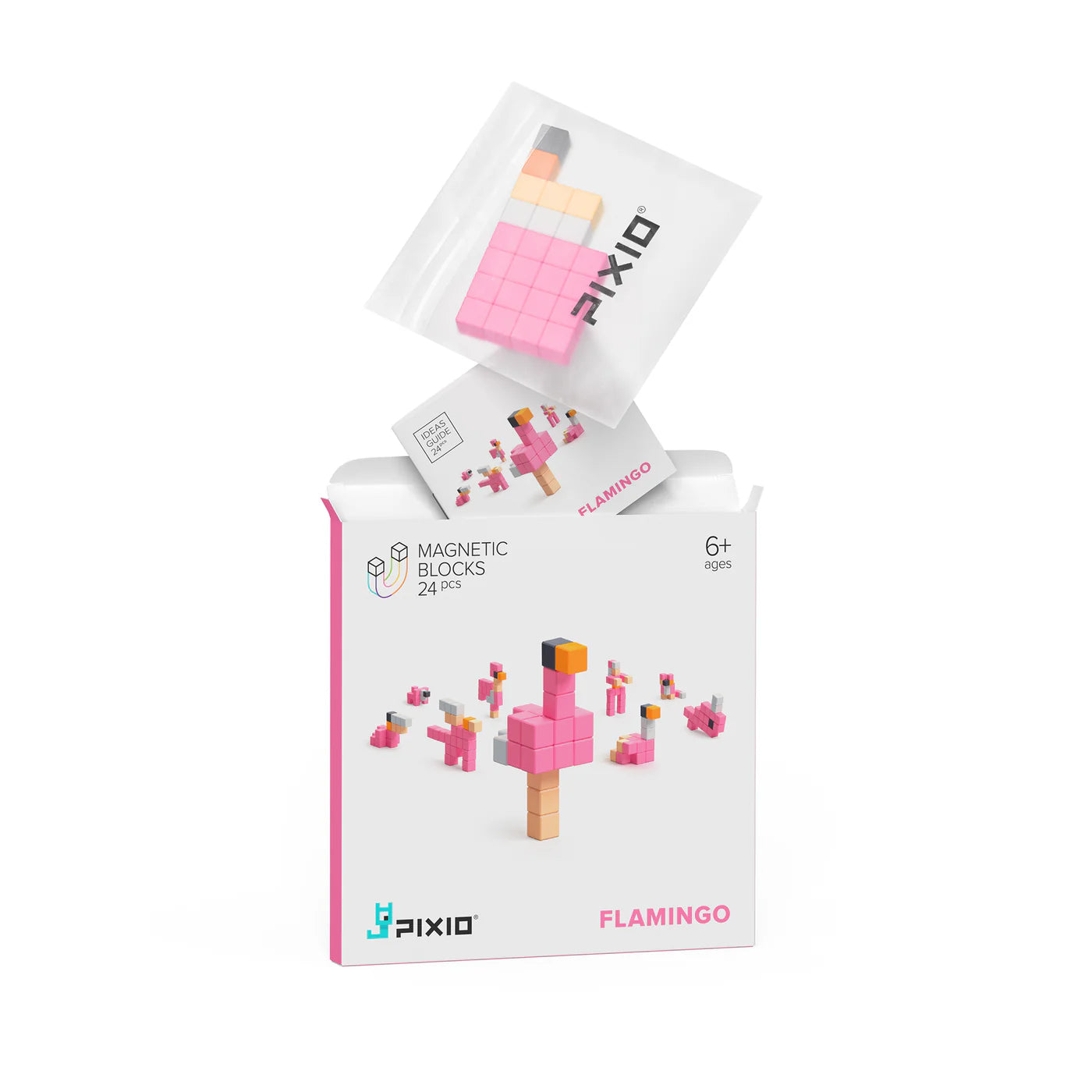 PIXIO bouwset met 24 magnetische blokjes in diverse kleuren, flamingo versie