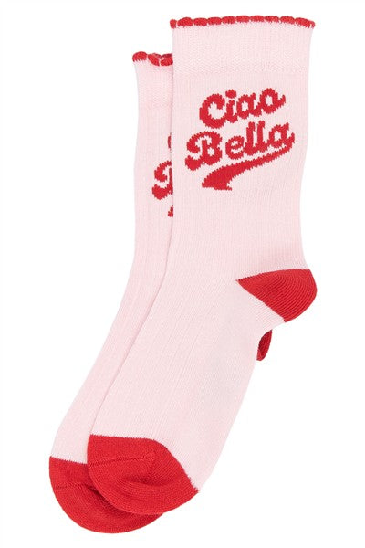 lichtroze sokken met Ciao Bella in rood van minipop