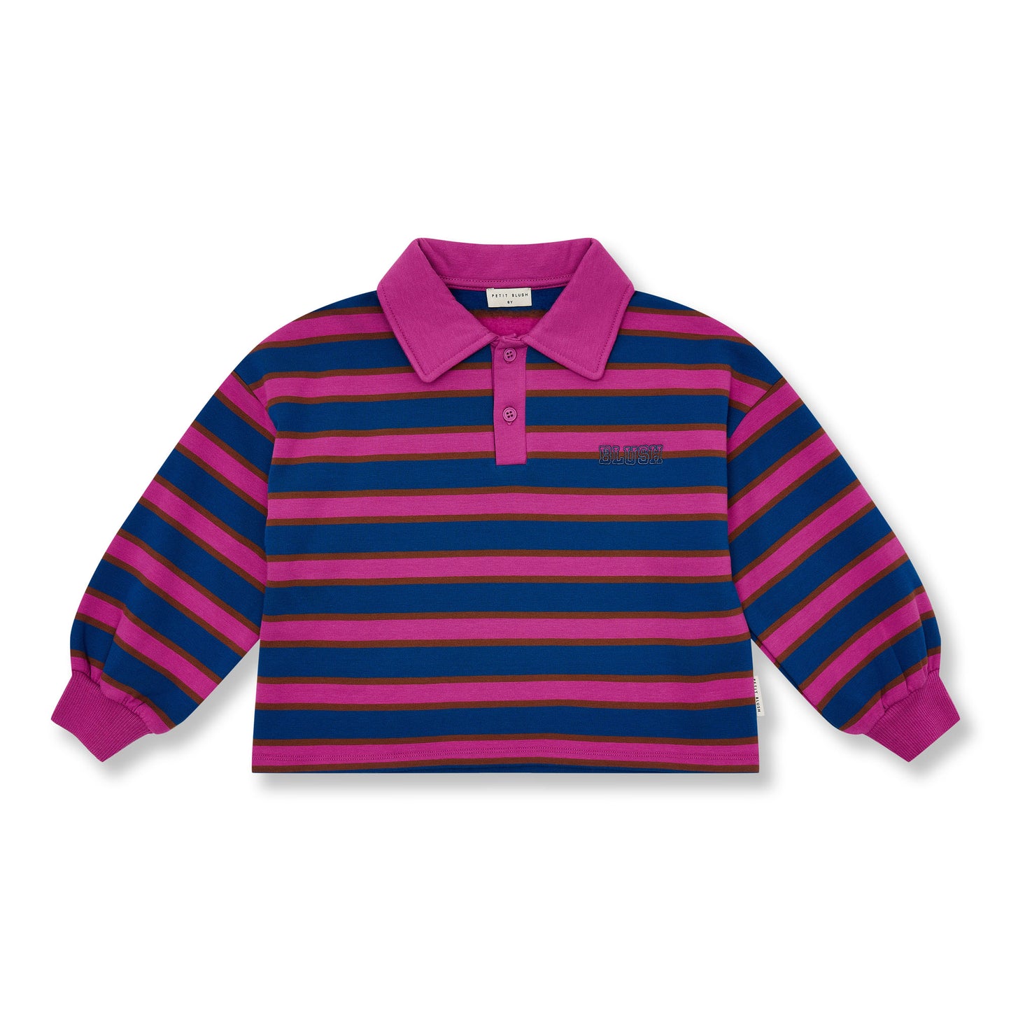 Paars en marine gestreepte kindersweater met polo kraagje en wijd model van petit blush
